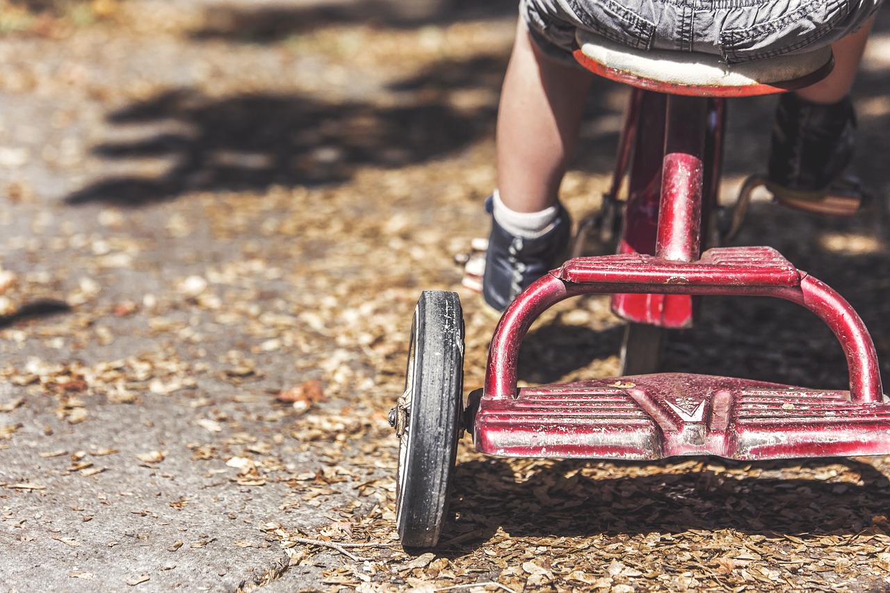 rear view of small child on tricycle