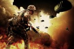 soldier with gun and parachutes descending