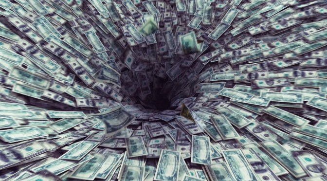 bank notes disappearing down a black hole