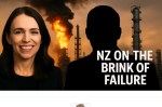 Ardern and silhouetted person with oil refinery