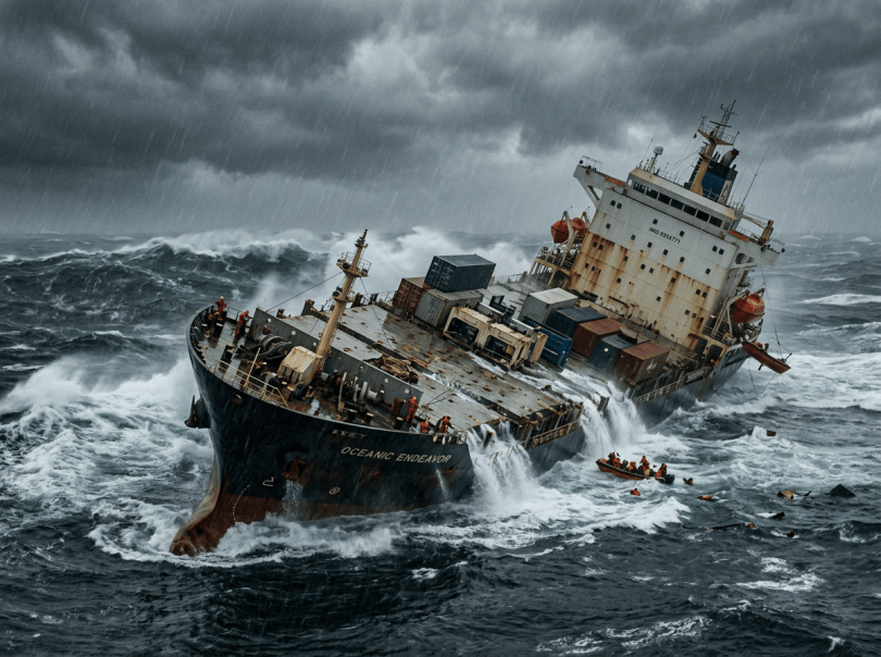 Cargo ship Oceanic Endeavor listing in stormy ocean as crew evacuate in lifeboat