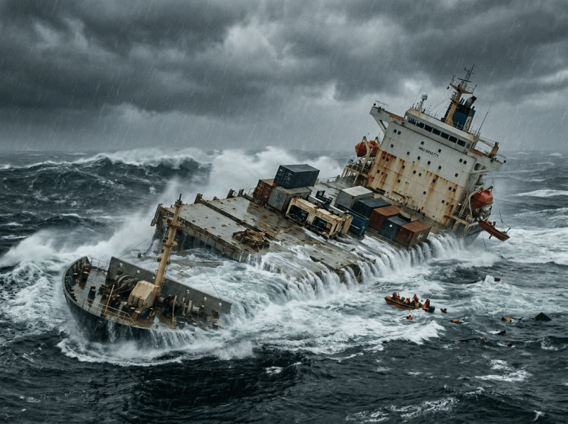 Cargo ship Oceanic Endeavor listing in stormy ocean as crew evacuate in lifeboat