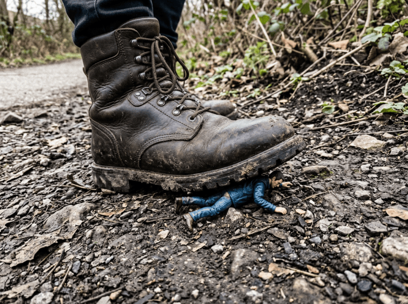 Brown boot stepping on a small male figure lying face down on a rocky ground outdoors